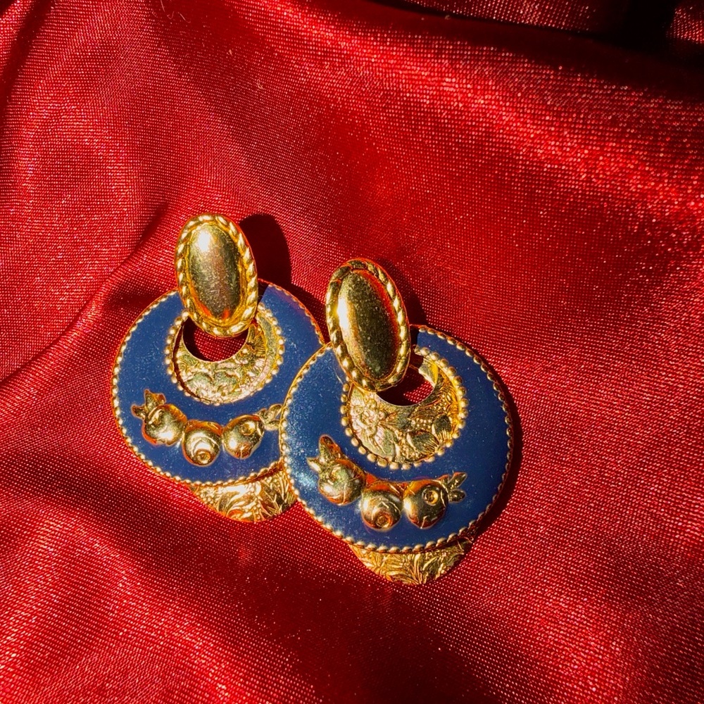 Vintage Gold Tone Navy Blue Enamel Statement Drop Earrings Baroque Fruit Motif